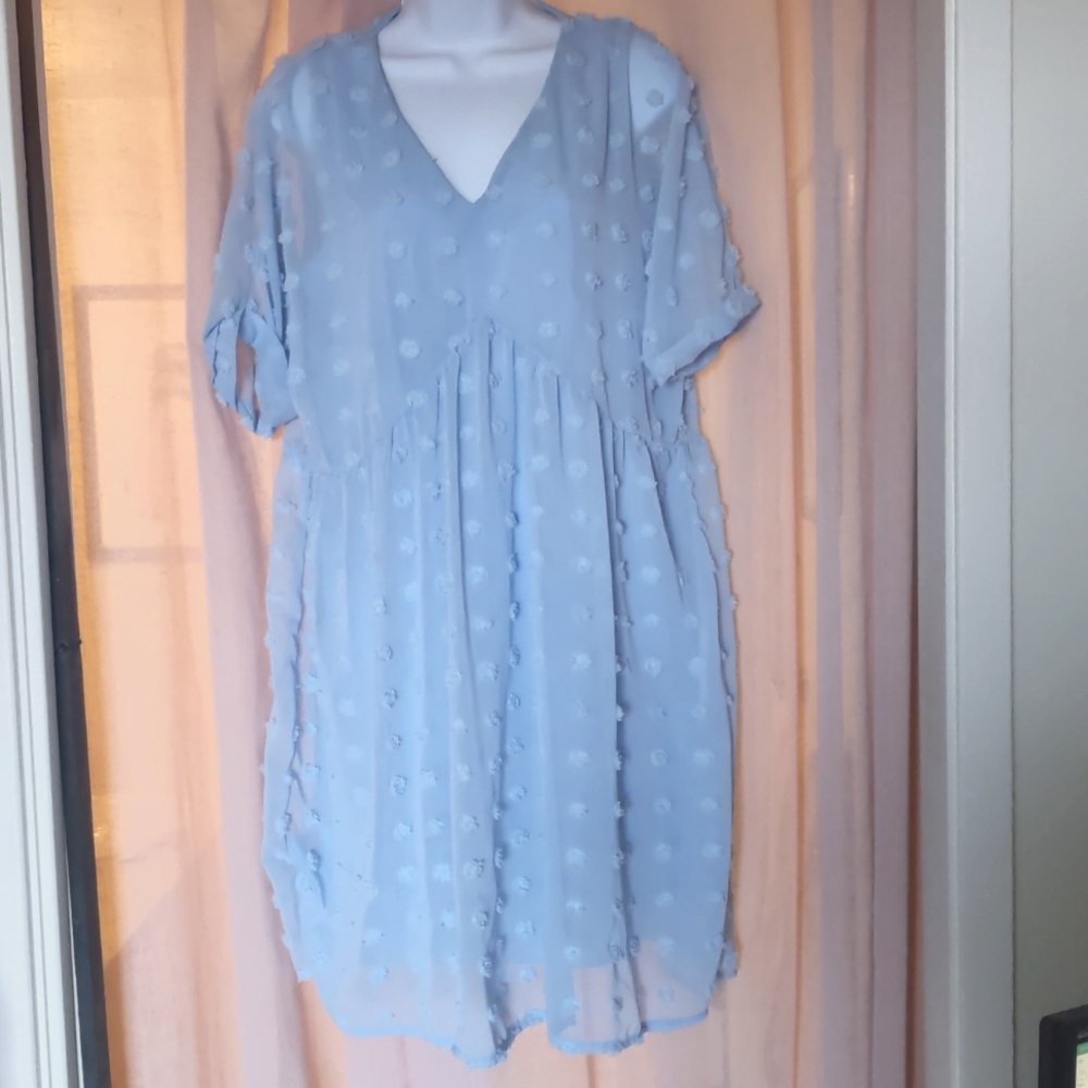 Baby Blue Swiss Dot Sheer Overlay Short Sleeve Swing Dress - M/LG